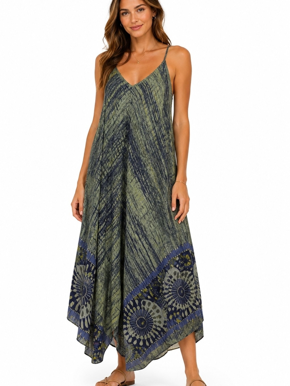 Vintage Italy Navy Green Floral Print V-Neck Maxi Dress One Size Viscose